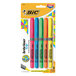 A yellow Bic package of Bic Brite Liner Grip assorted color highlighters.