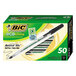 A box of 50 Bic Ecolutions Round Stic black ink pens with clear barrels.