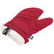 A red oven mitt with a white handle.
