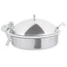 A silver Vollrath Intrigue chafing dish with a lid.