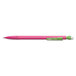 A pink Bic mechanical pencil with green writing on it.
