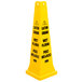 A yellow Rubbermaid caution cone with black and yellow text reading "Caution Wet Floor" in English and Spanish.