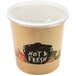 A white double poly-coated paper container with a black lid and the words "hot and fresh" in black text.
