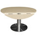 An Art Marble Cambrian Gold quartz table top on a round table with drop leaf extensions.