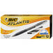 A box of 12 Bic Atlantis Original black retractable ballpoint pens.