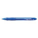 A close-up of a Bic Velocity blue ballpoint pen with a blue tip and barrel.