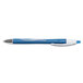A Bic Atlantis Exact blue pen with a blue and white barrel and silver tip.