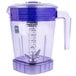 A purple Waring blender jar with a clear lid and a blue handle.