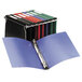 A black Avery Hanging Storage Non-View Binder with rings holding several colored folders.