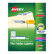 A blue, green, and white package of Avery file folder labels with a white background.