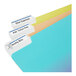 A stack of blue file folders labeled with Avery blue file folder labels.