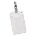 A clear vertical clip-style badge holder for a white badge.