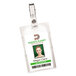 A clear vertical clip-style badge holder with a name tag inside.