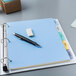 Avery Write-On Plastic Dividers in use on a desk with a pen and file.