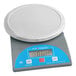 An AvaWeigh digital portion scale with a round display on a blue and white base.