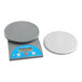 AvaWeigh round digital portion scale with a white circular plate on top.