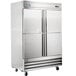 An Avantco stainless steel reach-in freezer with two half doors.