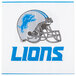 A white luncheon napkin with a blue and black Detroit Lions logo.