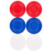 A close-up of red and blue Bicycle plastic poker chips.