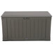 A brown Lifetime outdoor storage box with a lid.