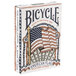 A box of Bicycle playing cards with an American flag on the back.