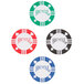 A group of four Bicycle poker chips in red, white, and two shades of blue.