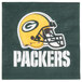 A green Creative Converting napkin with a yellow Green Bay Packers helmet and text on it.