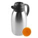 A silver stainless steel Choice Coffee Carafe with black and orange lids.