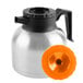 A silver stainless steel Choice coffee carafe with black and orange circular lids.