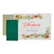 A white placemat with a green floral border and red text.