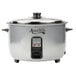 An Avantco silver and black electric rice cooker with lid.