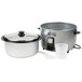 An Avantco stainless steel rice cooker with a lid and a white cup inside.