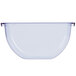 A clear plastic bowl with a curved edge and a handle.
