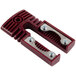 A Franmara burgundy wine foil cutter with red plastic clamps and silver screws.