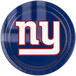 A blue paper dinner plate with the New York Giants logo in blue and red.