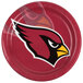 A Creative Converting paper dinner plate with the Arizona Cardinals logo on it.