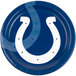 A blue Creative Converting paper dinner plate with the Indianapolis Colts horseshoe logo.