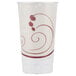 A white Solo Symphony foam cup with a red swirl design.
