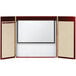 A brown hardwood veneer rectangular cabinet with a white markerboard with a red border.