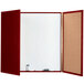 An Aarco cherry laminate enclosed whiteboard with cork and white boards inside.