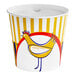 A white bucket with yellow and red stripes and a chicken logo on it.