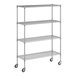 A wireframe of a Regency stainless steel wire shelving unit with wheels.