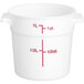 A white Choice round polypropylene food storage container with measurements in red.
