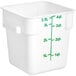 A white Choice polypropylene food storage container with measurements in green.