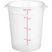 A translucent white plastic round food storage container with red volume measurements.
