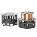 A black matte steel round chafing stand with two pots and a pan on top.
