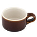 A brown and white Tuxton china soup mug with a handle.