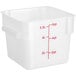 A translucent white plastic Choice food storage container with red measurements.