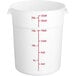 A white Choice round plastic food storage container with measurements in red.