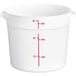 A white Choice round polypropylene food storage container with red measurements and text.